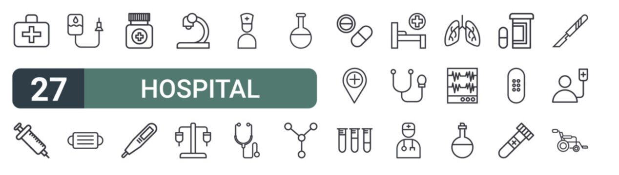 set of 27 thin line hospital icons for web, mobile and digital interfaces including suitcase, syringe, infusion, mask, drug, thermometer, microscope, infusion and nurse. editable stroke vector