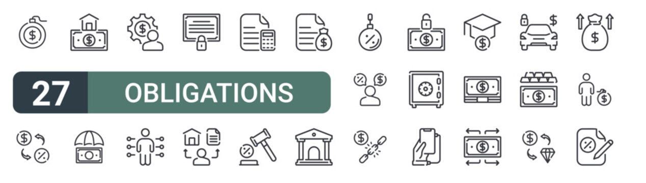set of 27 thin line obligations icons for web, mobile and digital interfaces including bankruptcy, credit, property, insurance, money management, obligations, collateral, liability and taxes.