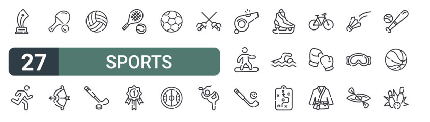 set of 27 thin line sports icons for web, mobile and digital interfaces including winner, running, table tennis, archery, ball, hockey, tennis, trophy and football. editable stroke vector © XS Works