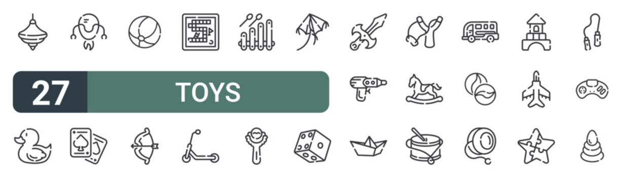 set of 27 thin line toys icons for web, mobile and digital interfaces including spinning top, rubber duck, robot, playing cards, balls, archery, board game, scooter and xylophone. editable stroke