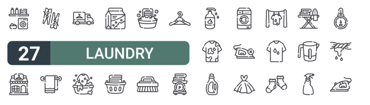 set of 27 thin line laundry icons for web, mobile and digital interfaces including laundry room, laundry shop, peg, towel, car, rinse, washing hine, basket and washboard. editable stroke vector