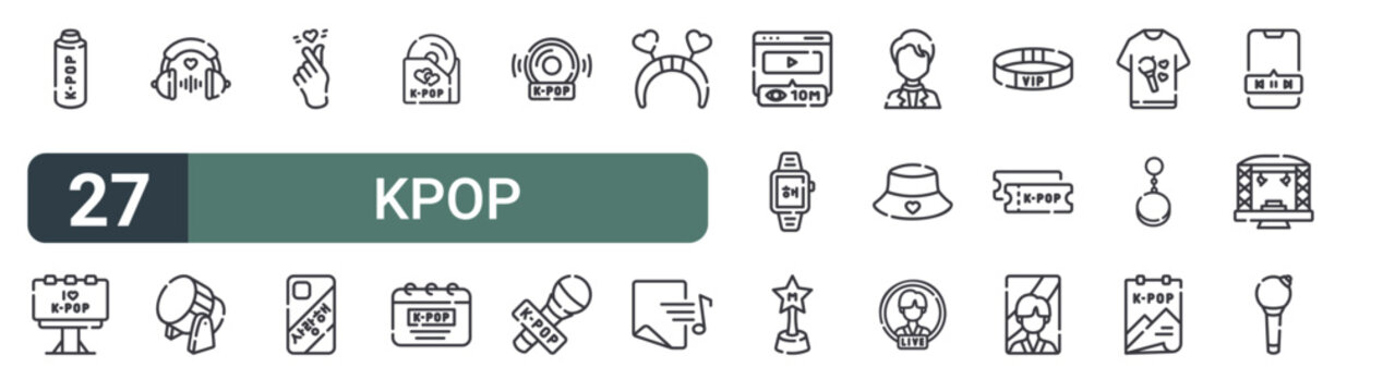 set of 27 thin line kpop icons for web, mobile and digital interfaces including thermo, banner, headphone, lights, finger, phone case, album, calender and cd. editable stroke vector