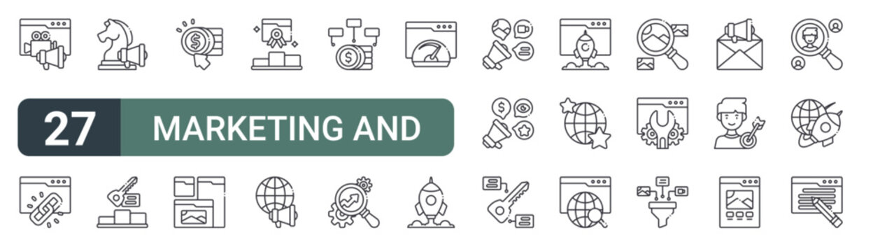 set of 27 thin line marketing and seo icons for web, mobile and digital interfaces including video marketing, backlink, marketing plan, keyword rank, pay per click, responsive web, web ranking,