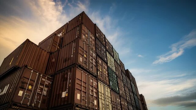 Stacked shipping containers against dramatic sky representing global trade, freight transport, logistics, and supply chain at warehouse
