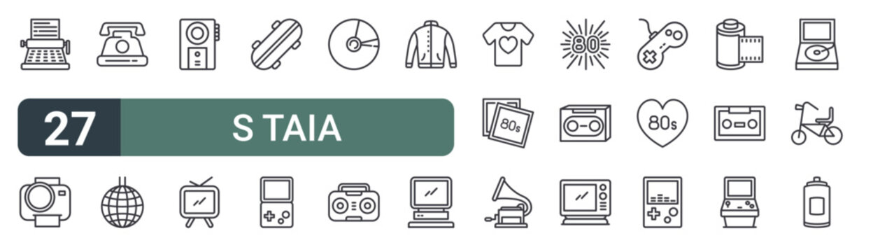 set of 27 thin line s taia icons for web, mobile and digital interfaces including typewriter, camera, telephone, disco ball, speaker, television, skateboard, retro game and vinyl disc. editable