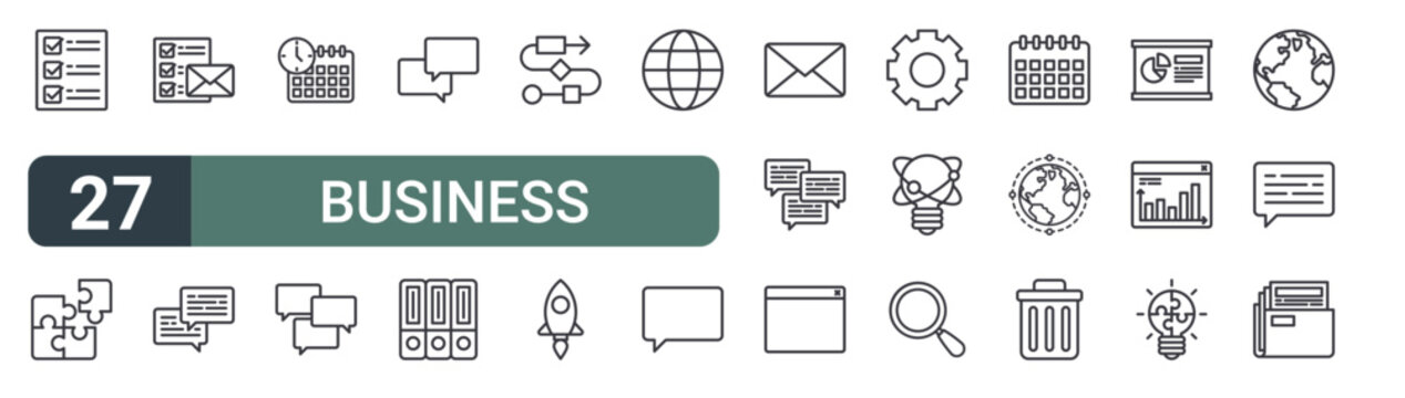 set of 27 thin line business icons for web, mobile and digital interfaces including list, teamwork, mailing, communications, deadline, communication, speech bubble, archive and flow chart. editable
