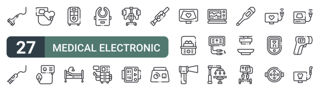 set of 27 thin line medical electronic devices icons for web, mobile and digital interfaces including dermatome, capillary scope, echocardiogram, nebulizer, oxygen concentrator, medical bed, venous