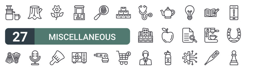 set of 27 thin line miscellaneous elements icons for web, mobile and digital interfaces including juicer, flippers, stump, microscope, flower, paint brush, claw hine, ac and fingerprint. editable © XS Works