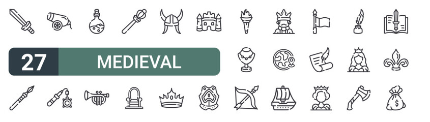 set of 27 thin line medieval icons for web, mobile and digital interfaces including sword, spear, cannon, flail, liquid, et, scepter, throne and helmet. editable stroke vector © XS Works