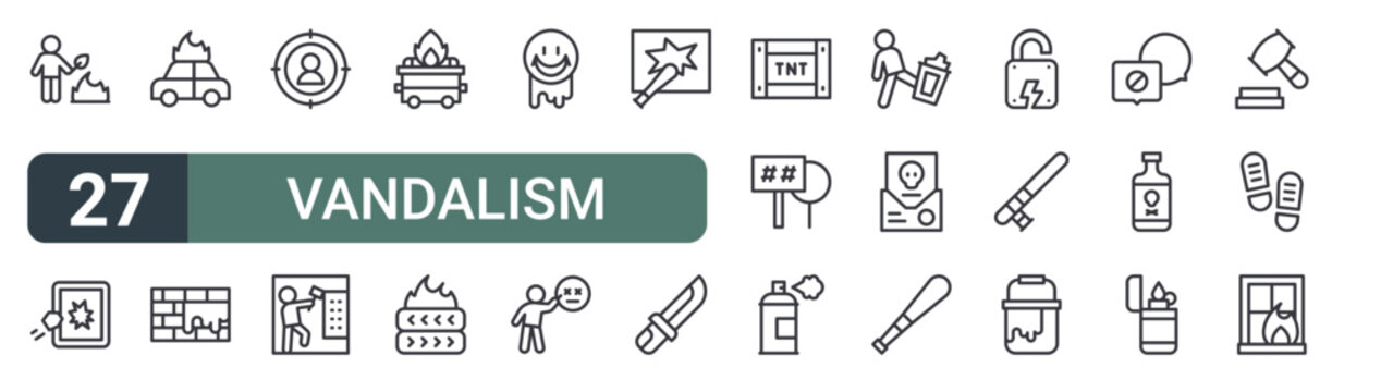 set of 27 thin line vandalism icons for web, mobile and digital interfaces including burning, broken window, car, wall, target, elevator, dumpster fire, tire and graffiti. editable stroke vector