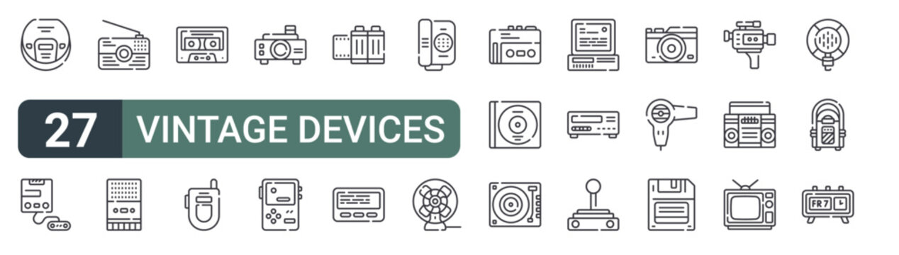 set of 27 thin line vintage devices icons for web, mobile and digital interfaces including discman, video game, radio, voice recorder, caste, flip phone, projector, console and camera film. editable