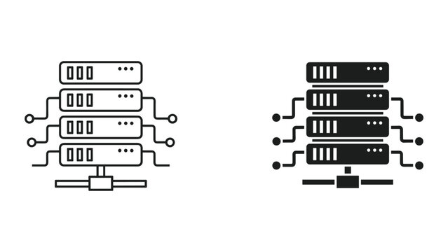Server and database storage icons in line and solid styles for computing and technology concepts