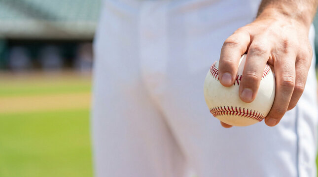 Close-up of a baseball pitcher's hand demonstrating a curveball grip against a blurred uniform background with ample copy space.