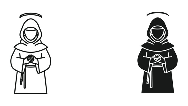 Black and white line icons of two hooded figures with halos holding a skull