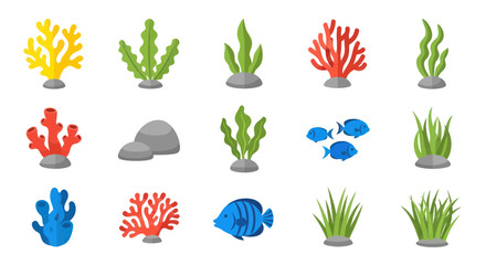 Colorful Underwater Plants, Corals, and Fish Vector Illustrations © Ahmad