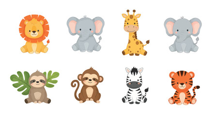 Fototapeta premium Cute Safari Animals Collection: Lion, Elephant, Giraffe, Sloth, Monkey, Zebra, Tiger