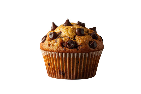 Chocolate chip muffin, ready to eat. Sweet baked item for breakfast, snack, or dessert. Transparent background