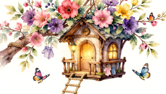 Fairy hanging house with flowers, balcony, lanterns and rope ladder on blossom branch. Watercolor composition of branches, butterflies and cute home for your design room, wallpapers, cards or mural. 