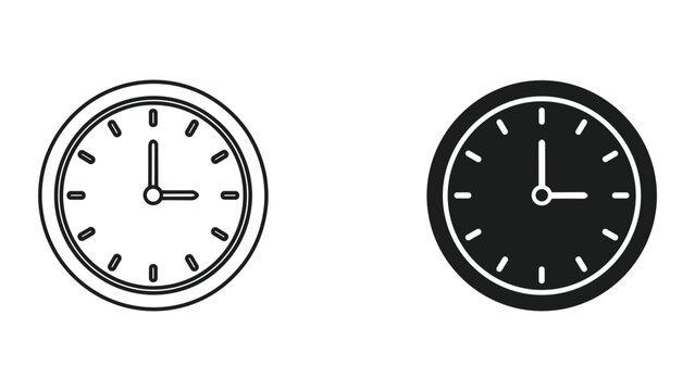 Two clocks with hour and minute hands on white background in black and white