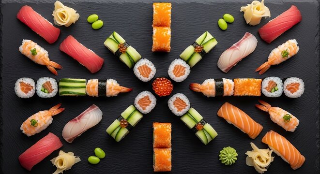 Artfully arranged sushi and sashimi platter on a dark surface, showcasing a vibrant and diverse selection of fresh seafood delicacies