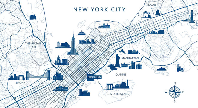 New York City Map with Landmarks - Skyline Silhouettes and Street Grid