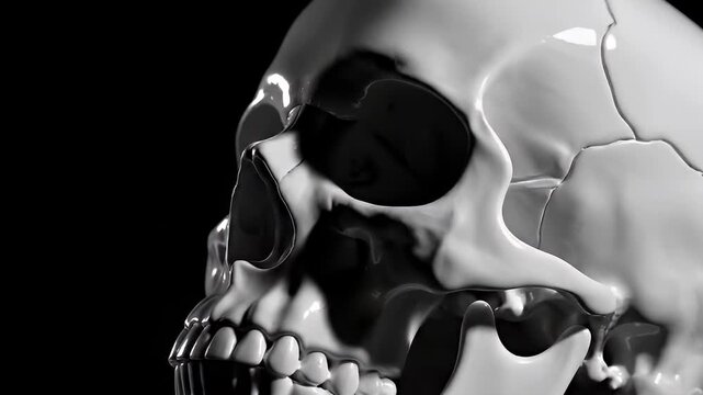 Stylized glossy human skull in profile on dark background