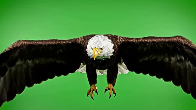 Bald eagle in flight with wings fully extended soaring directly towards camera isolated on green screen chroma key background