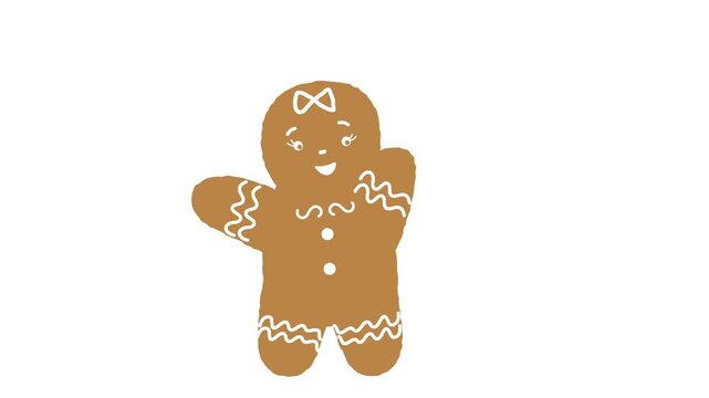 Christmas Animation. Girl Gingerbread Person is Dancing. Animated Christmas Cookie. Holiday Banner. Animated Greeting Card Template. Video in Brown White