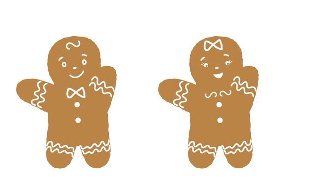 Christmas Animation. Gingerbread Men are Dancing. Girl Gingerbread Person, Boy Gingerbread Person. Animated Christmas Cookies. Holiday Banner. Animated Greeting Card Template. Video in Brown White