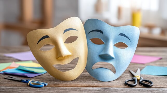 Handcut Paper Craft Theater Masks Symbolizing Comedy and Tragedy