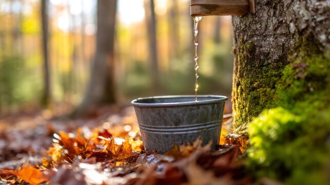 Dripping Amber Maple Sap into Bucket During Autumn Harvesting Scene