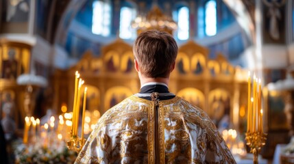 Obraz premium Eastern Orthodox Priest in Church During Devotion Ceremony with Candles