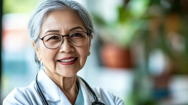 Asian doctor smiling, happy to assist patients.