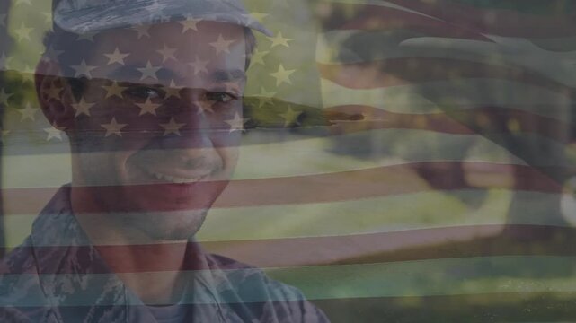 Animation of waving american flag over soldier