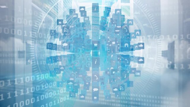 Animation of globe with icons over data processing