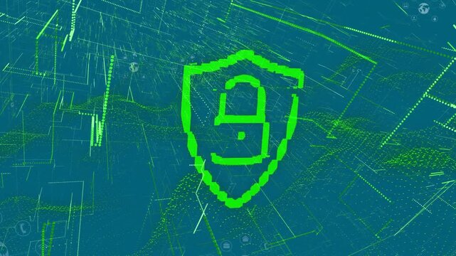 Animation of padlock icon over icons and shapes on blue background