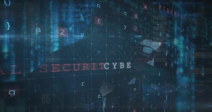 Animation of digital data processing over screens and grid background