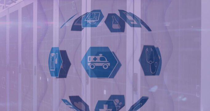 Animation of network of connections with icons over business people online email icons