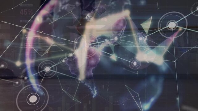 Animation of network of connections and globe over legs of male soccer player