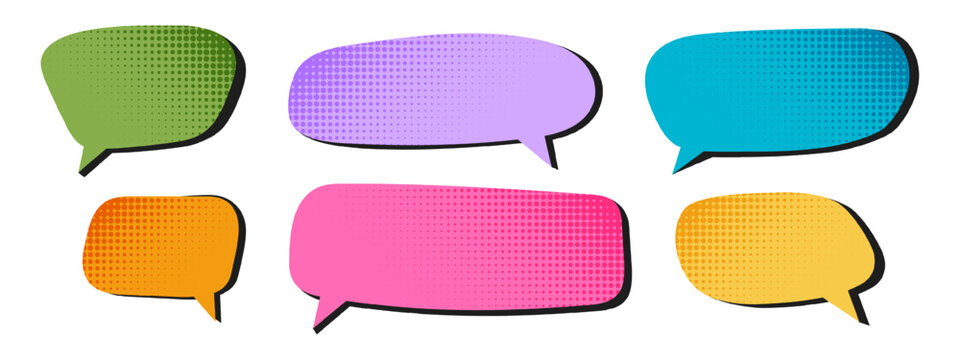 Set of colorful speech bubbles with dotted halftone shadows in corners. Dialogue clouds, chat boxes, quote balloons, offer tags, idea labels in pop art style. Vector cartoon illustration.