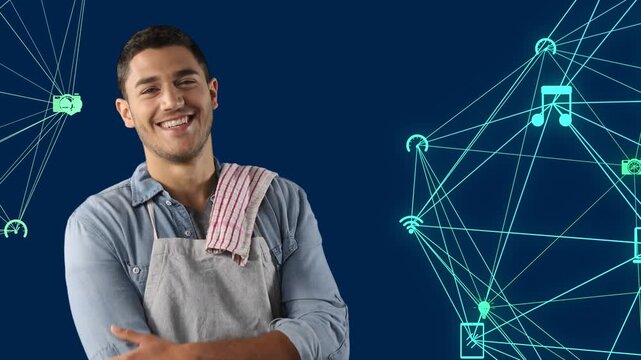 Animation of networks of connection with icons over caucasian male chef