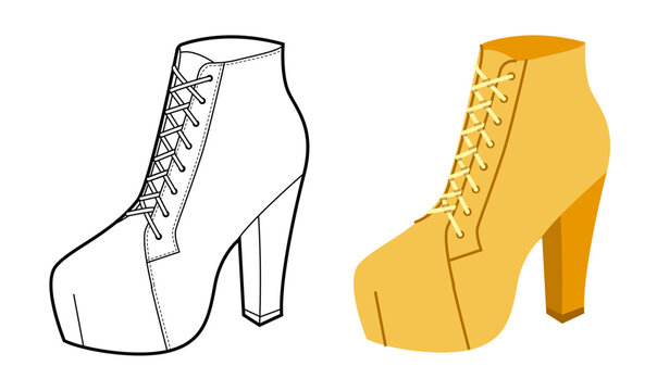 Yellow platform ankle boot women flat plus line set. Lace up high heel footwear festival creative wardrobe. Technical fashion illustration, CAD mockup, mixed vector men unisex isolated fashion style