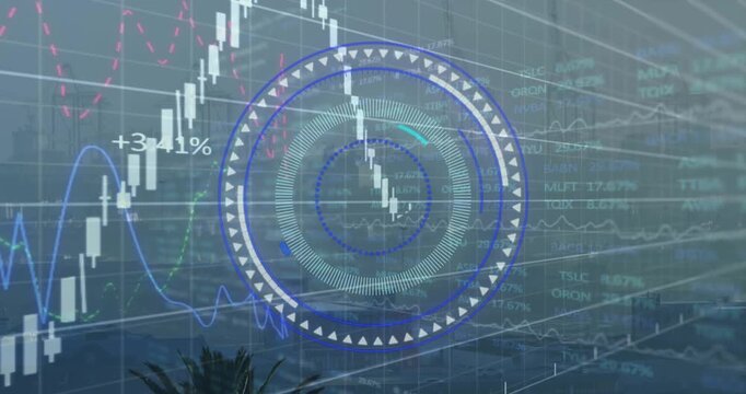 Animation of round scanner and financial data processing against aerial view of cityscape