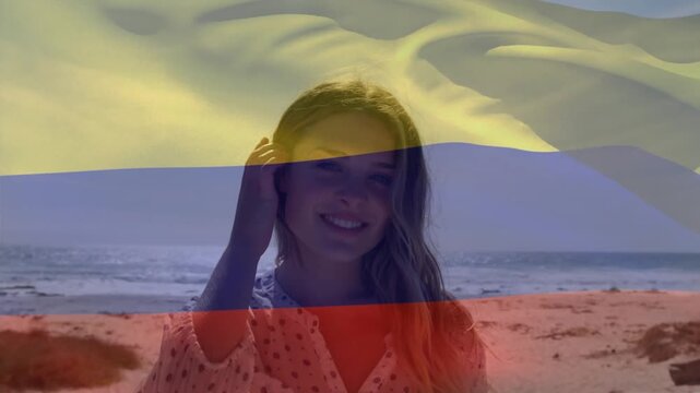 Animation of flag of netherlands over caucasian mother with child at beach