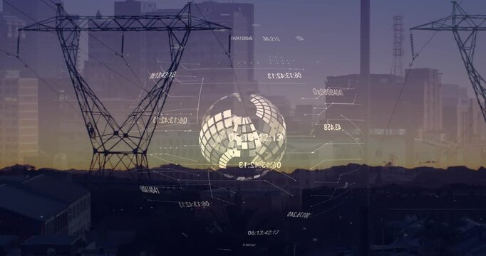 Animation of globe of data processing over binary coding and like over cityscape