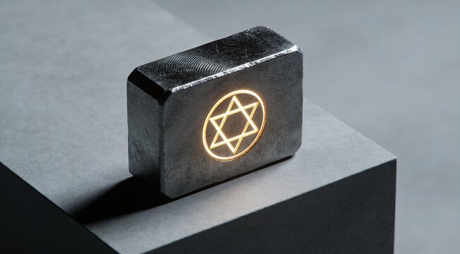 Conceptual macro visualization of immutable digital law and blockchain governance, glowing golden geometric seal on dark titanium cornerstone