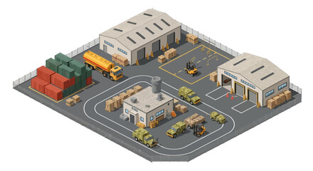 Obraz premium Isometric military logistics hub with vehicles, warehouses, and fuel truck - industrial site operations