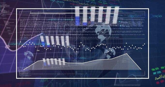 Animation of statistical data processing over round scanner and spinning globe on blue background