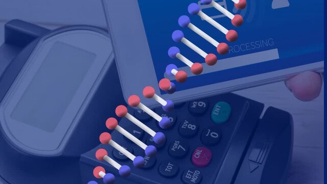 Animation of sniping dna strand over smartphone and payment terminal