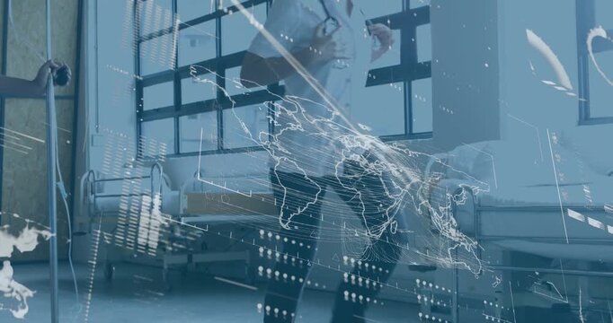 Animation of world map and data processing over diverse doctors at hospital